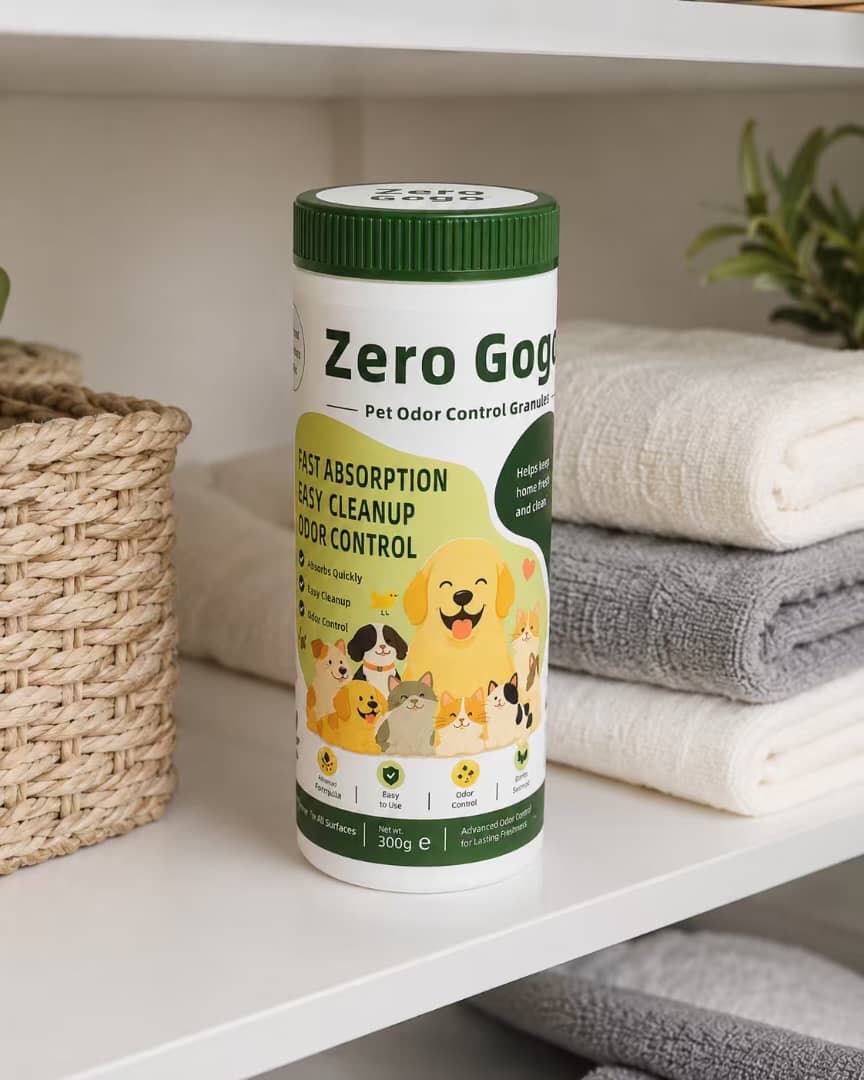 Zero Gogo fine powder in a sealed 300g bottle on a shelf beside towels